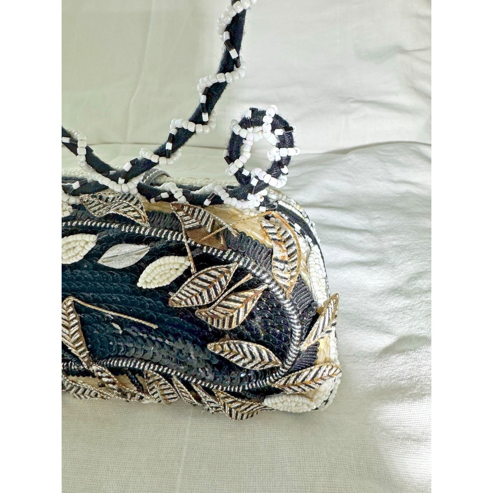 Vintage Mary Frances Beaded Mini Handbag Black White Floral Evening Purse Y2K - Picture 13 of 16